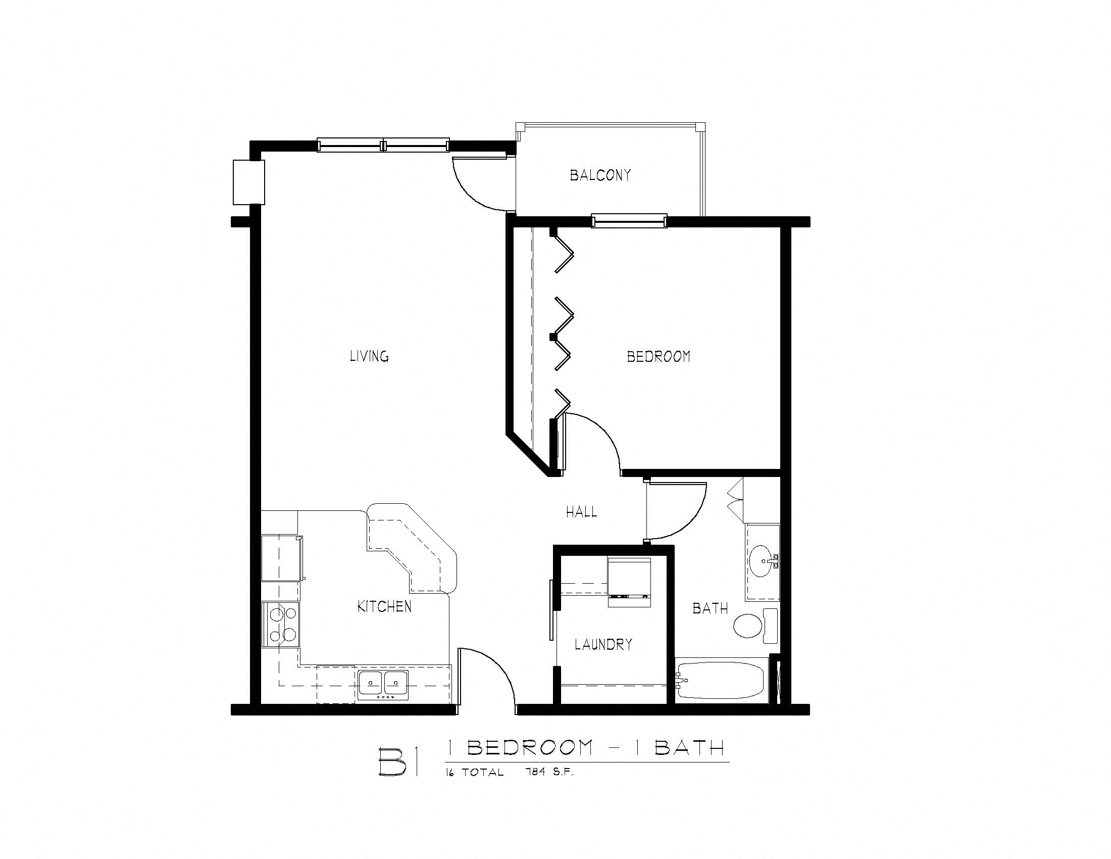 Floor plan for 1 bed, 1 bath, 1037 sqft